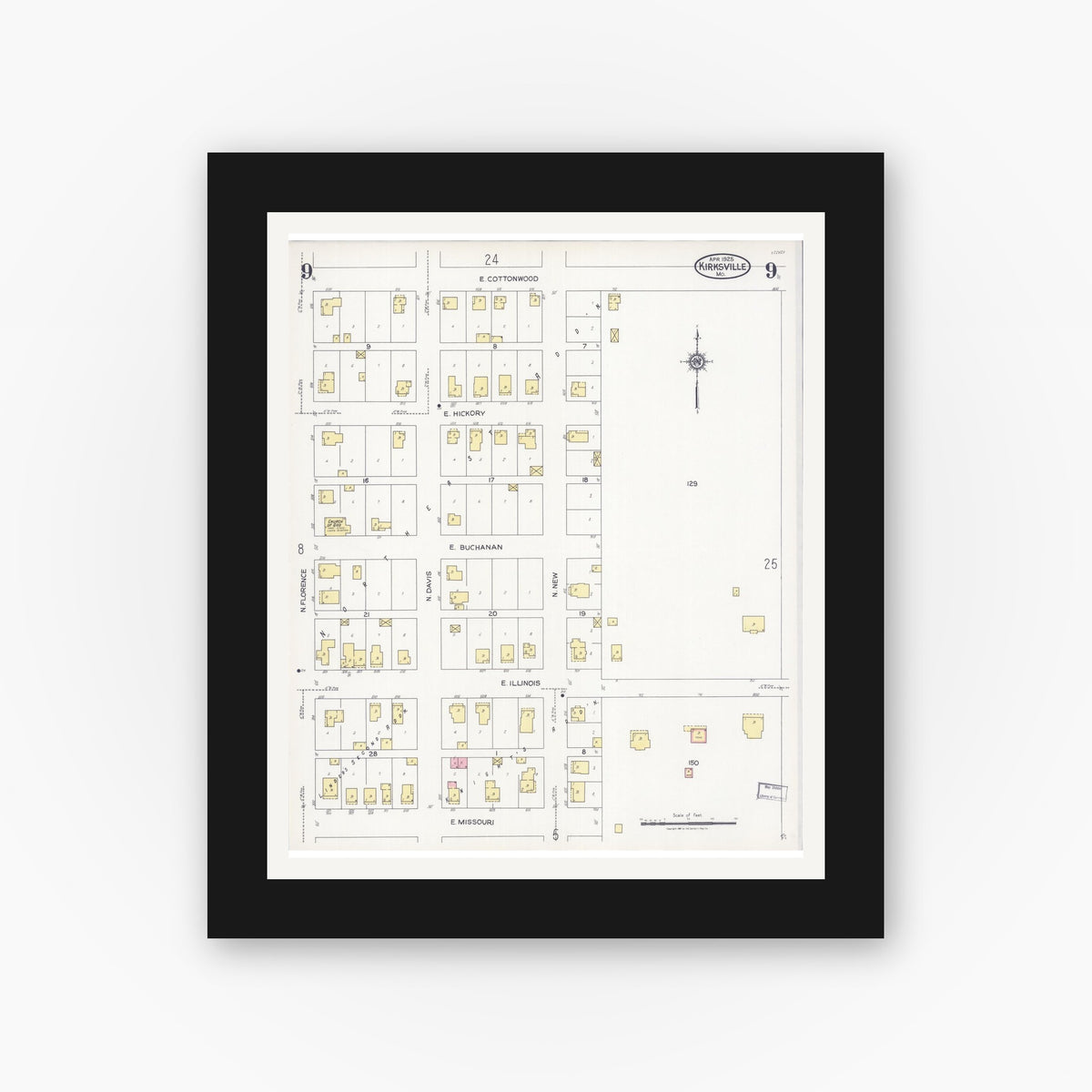 Old map wall art mockup — black gallery frame with white mat — Sanborn Fire Insurance Map from Kirksville, Adair County, Missouri (1925), Sheet #0009