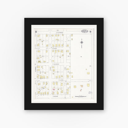 Old map wall art mockup — black gallery frame with white mat — Sanborn Fire Insurance Map from Kirksville, Adair County, Missouri (1925), Sheet #0009