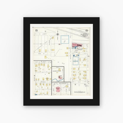 Old map wall art mockup — black gallery frame with white mat — Sanborn Fire Insurance Map from Mexico, Audrain County, Missouri (1926), Sheet #0015