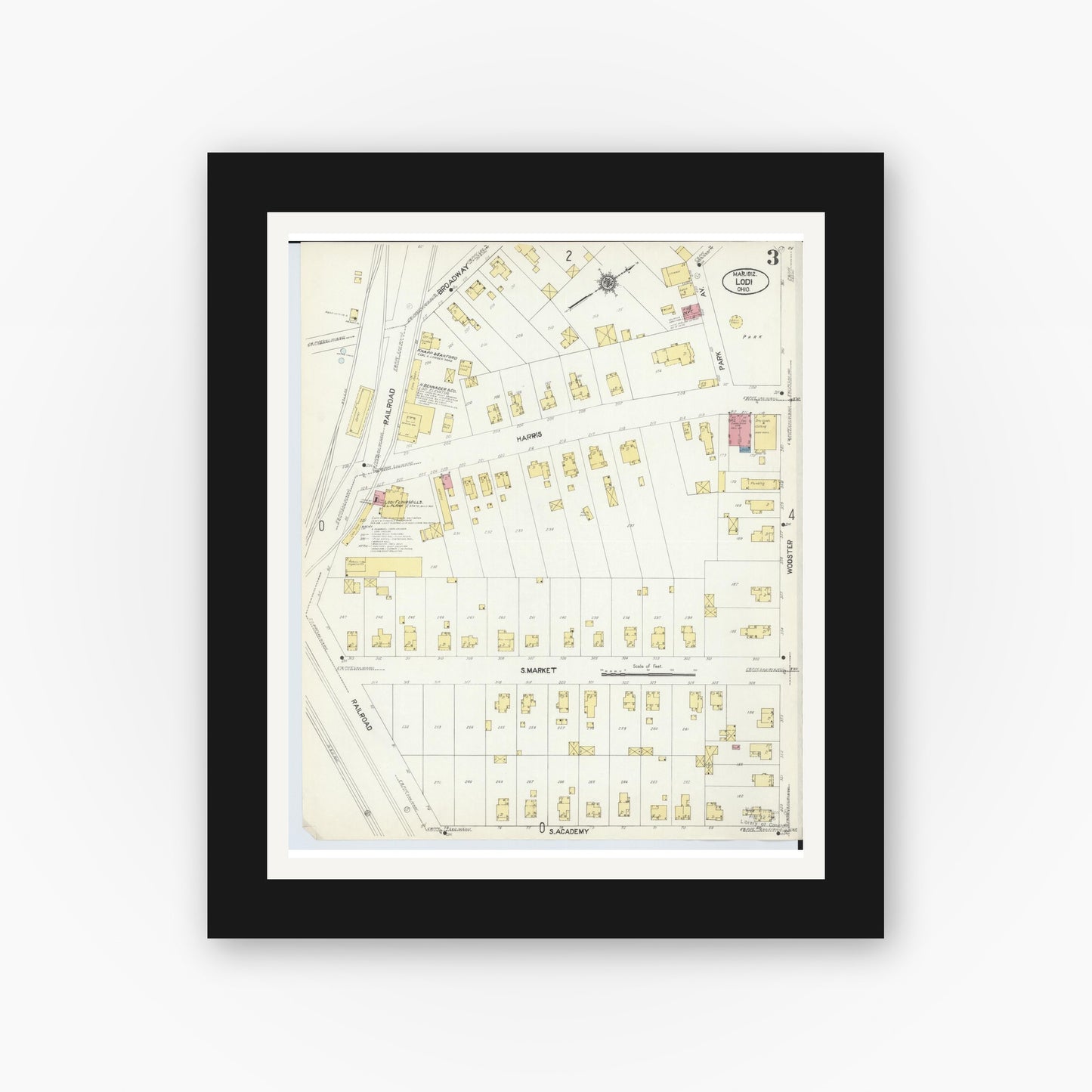 Old map wall art mockup — black gallery frame with white mat — Sanborn Fire Insurance Map from Lodi, Medina County, Ohio (1912), Sheet #0003