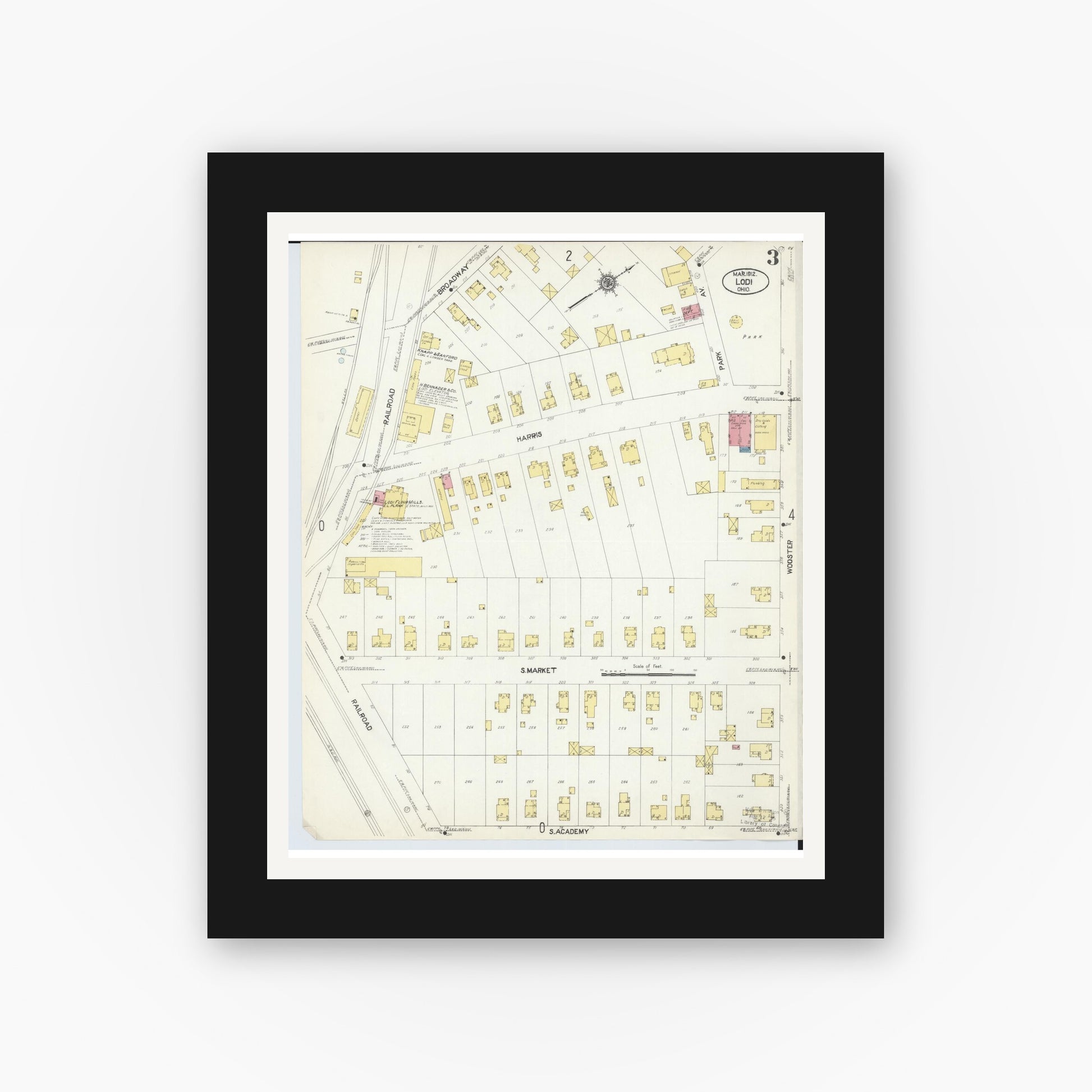 Old map wall art mockup — black gallery frame with white mat — Sanborn Fire Insurance Map from Lodi, Medina County, Ohio (1912), Sheet #0003