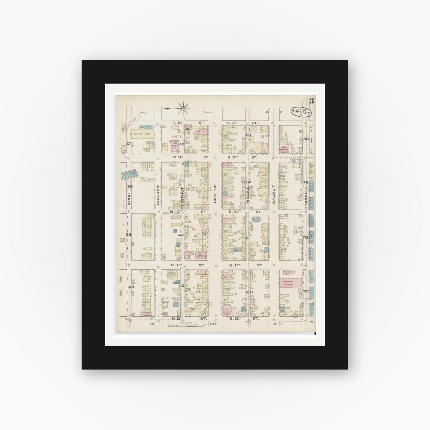Old map wall art mockup — black gallery frame with white mat — Sanborn Fire Insurance Map from Ashland, Schuylkill County, Pennsylvania (1885), Sheet #0003