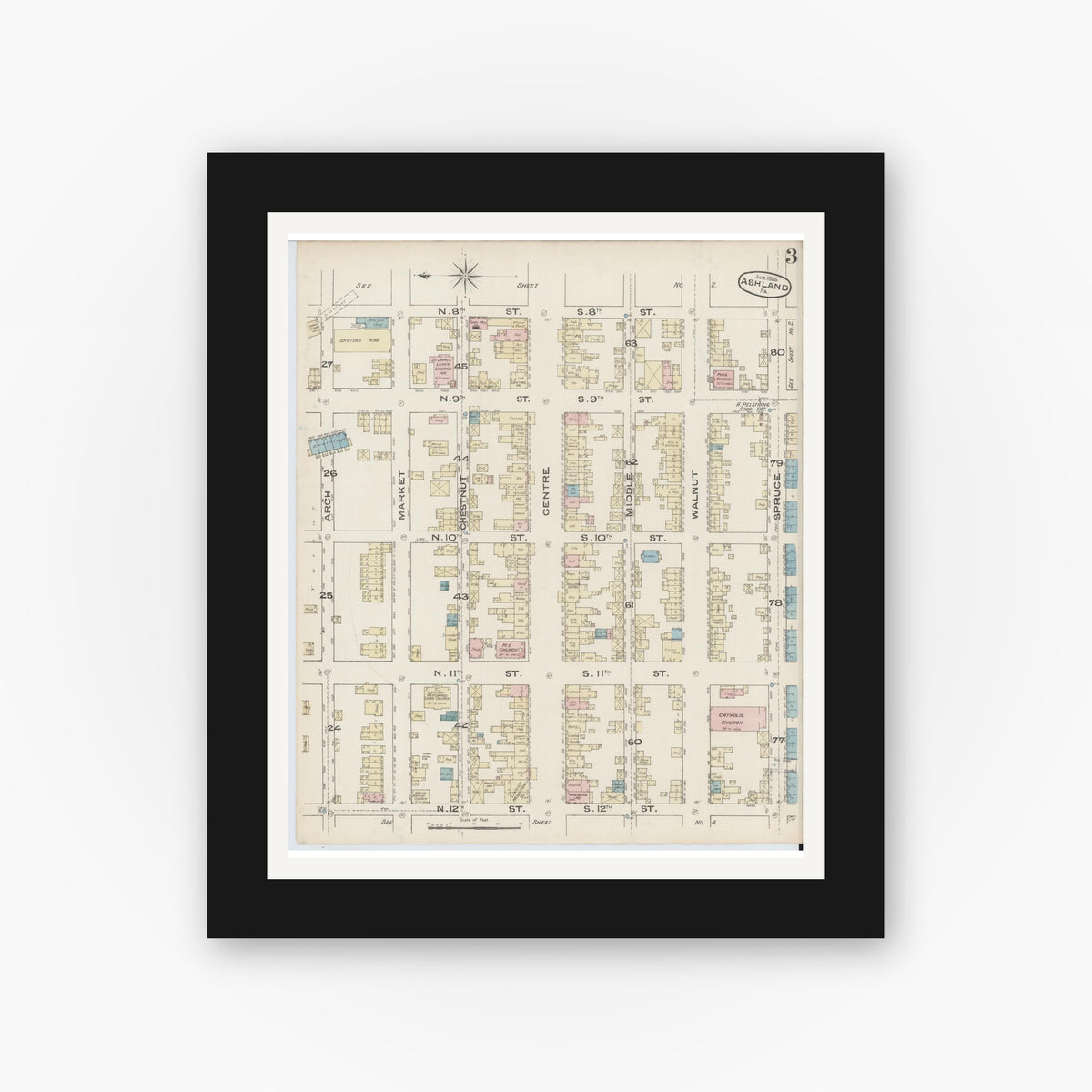 Old map wall art mockup — black gallery frame with white mat — Sanborn Fire Insurance Map from Ashland, Schuylkill County, Pennsylvania (1885), Sheet #0003