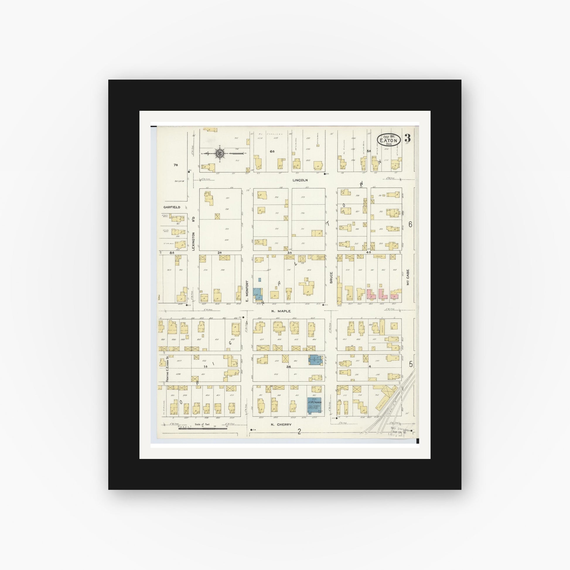 Old map wall art mockup — black gallery frame with white mat — Sanborn Fire Insurance Map from Eaton, Preble County, Ohio (1911), Sheet #0003