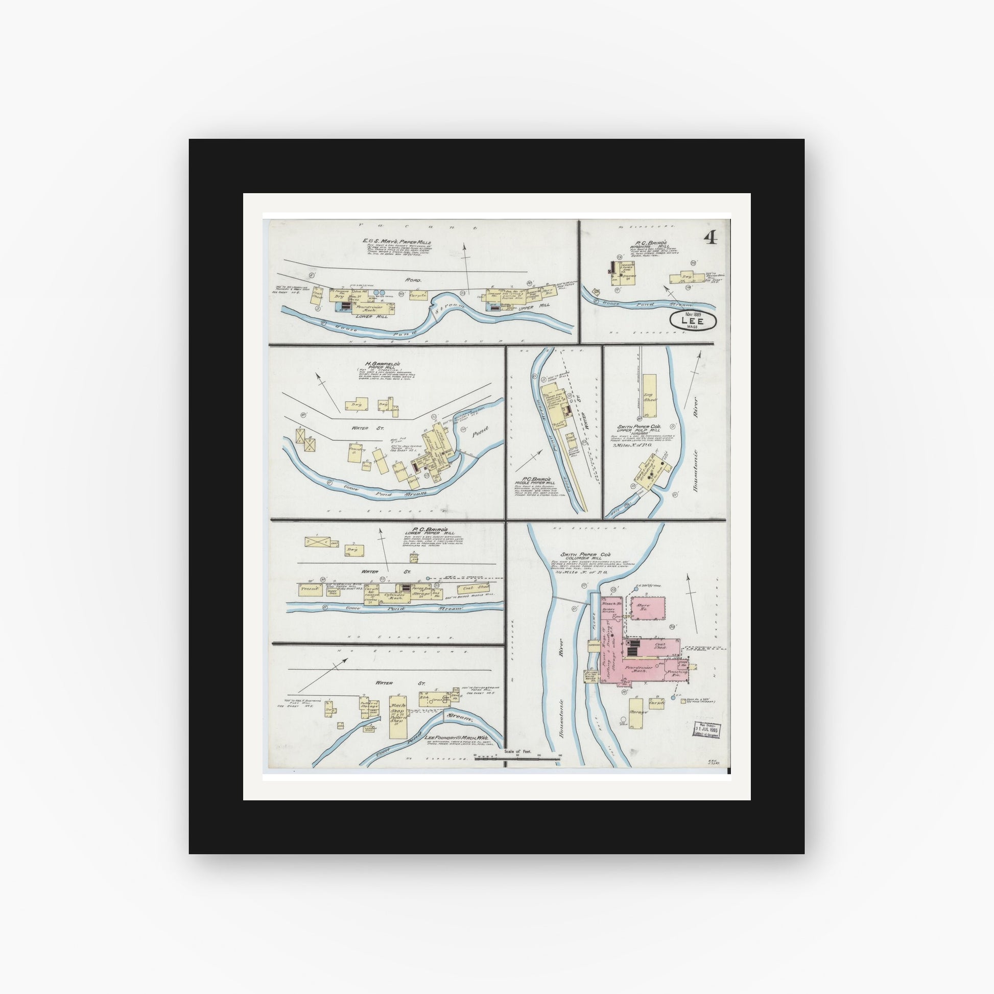 Old map wall art mockup — black gallery frame with white mat — Sanborn Fire Insurance Map from Lee, Berkshire County, Massachusetts (1889), Sheet #0004