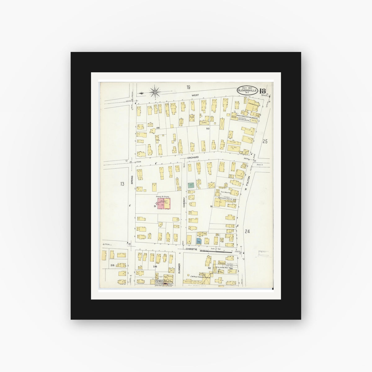 Old map wall art mockup — black gallery frame with white mat — Sanborn Fire Insurance Map from Gloversville, Fulton County, New York (1907), Sheet #0018