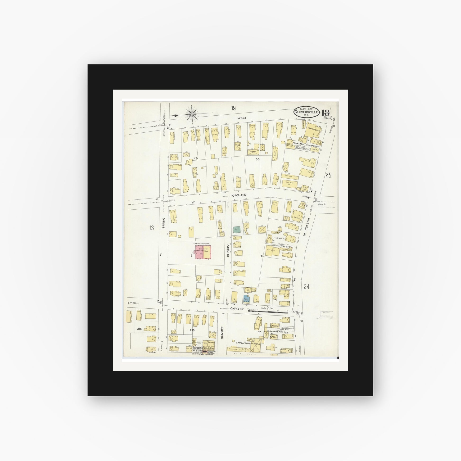 Old map wall art mockup — black gallery frame with white mat — Sanborn Fire Insurance Map from Gloversville, Fulton County, New York (1907), Sheet #0018