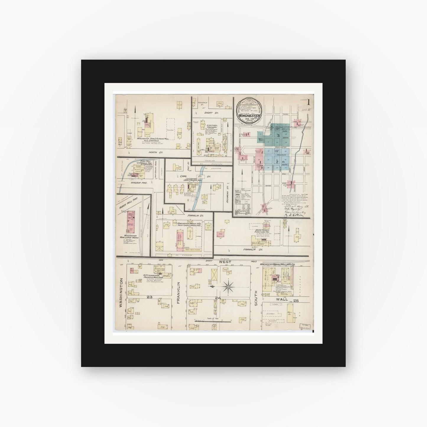 Old map wall art mockup — black gallery frame with white mat — Sanborn Fire Insurance Map from Winchester, Randolph County, Indiana (1886) - Complete Map Set