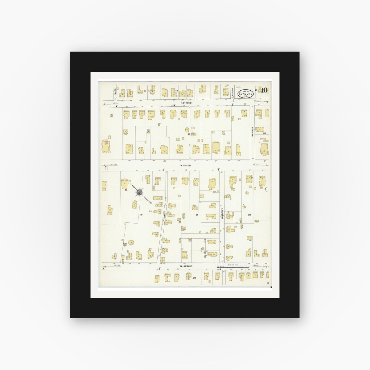 Old map wall art mockup — black gallery frame with white mat — Sanborn Fire Insurance Map from Concord, Cabarrus County, North Carolina (1911), Sheet #0010
