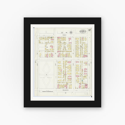 Old map wall art mockup — black gallery frame with white mat — Sanborn Fire Insurance Map from Portsmouth, Scioto County, Ohio (1897), Sheet #0017