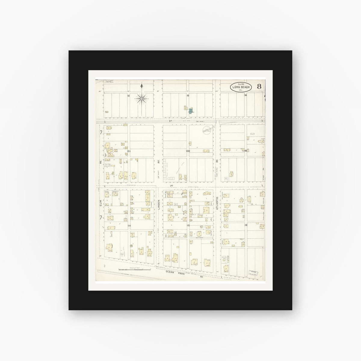 Old map wall art mockup — black gallery frame with white mat — Sanborn Fire Insurance Map from Long Beach, Los Angeles County, California (1898), Sheet #0008