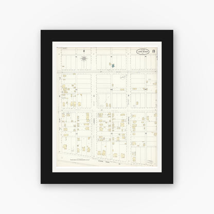 Old map wall art mockup — black gallery frame with white mat — Sanborn Fire Insurance Map from Long Beach, Los Angeles County, California (1898), Sheet #0008