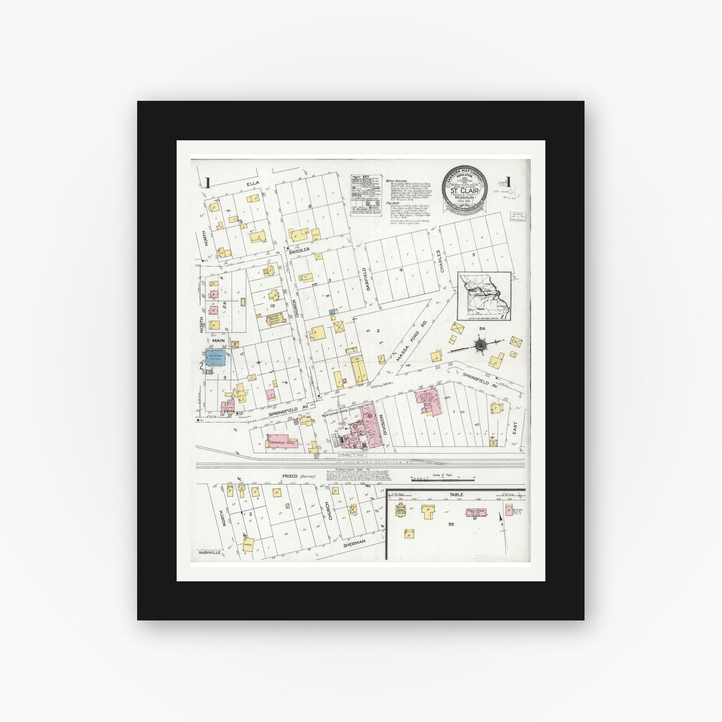 Old map wall art mockup — black gallery frame with white mat — Sanborn Fire Insurance Map from Saint Clair, Franklin County, Missouri (1924) - Complete Map Set