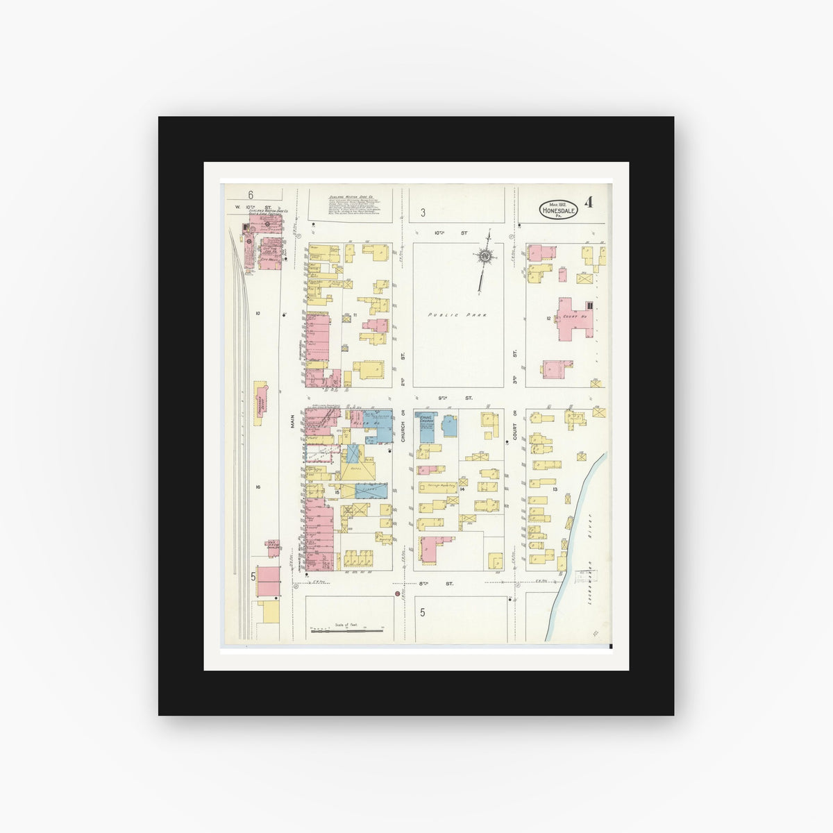 Old map wall art mockup — black gallery frame with white mat — Sanborn Fire Insurance Map from Honesdale, Wayne County, Pennsylvania (1912), Sheet #0004