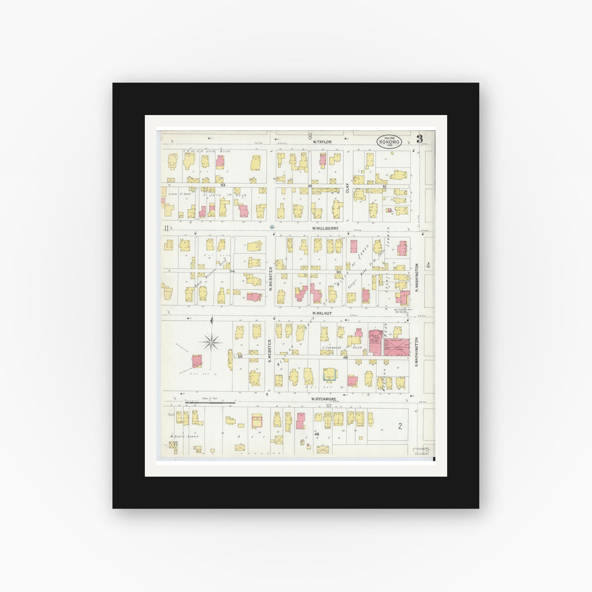 Old map wall art mockup — black gallery frame with white mat — Sanborn Fire Insurance Map from Kokomo, Howard County, Indiana (1902), Sheet #0003