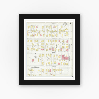Old map wall art mockup — black gallery frame with white mat — Sanborn Fire Insurance Map from Kokomo, Howard County, Indiana (1902), Sheet #0003