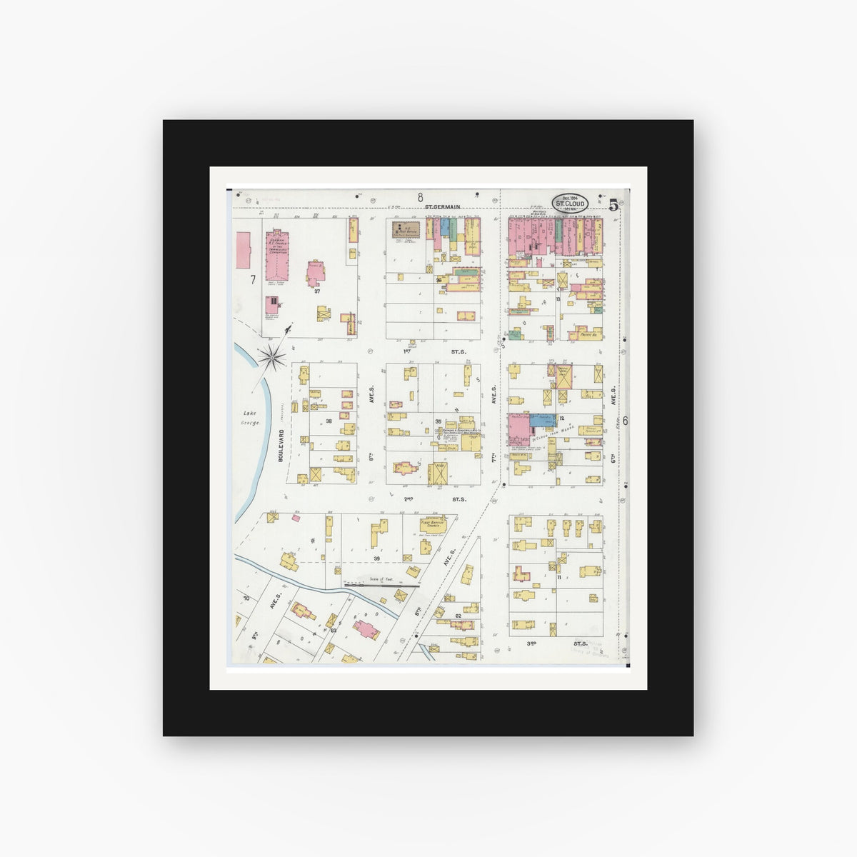 Old map wall art mockup — black gallery frame with white mat — Sanborn Fire Insurance Map from Saint Cloud, Stearns, Benton, and Sherburne Counties, Minnesota (1904), Sheet #0005