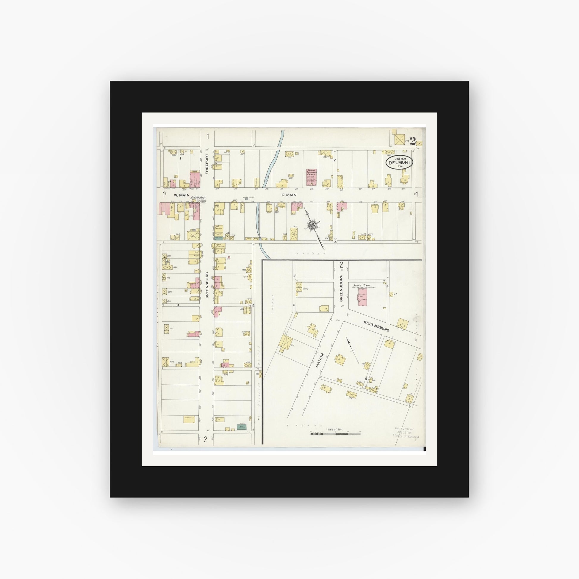 Old map wall art mockup — black gallery frame with white mat — Sanborn Fire Insurance Map from Delmont, Westmoreland County, Pennsylvania (1909), Sheet #0002