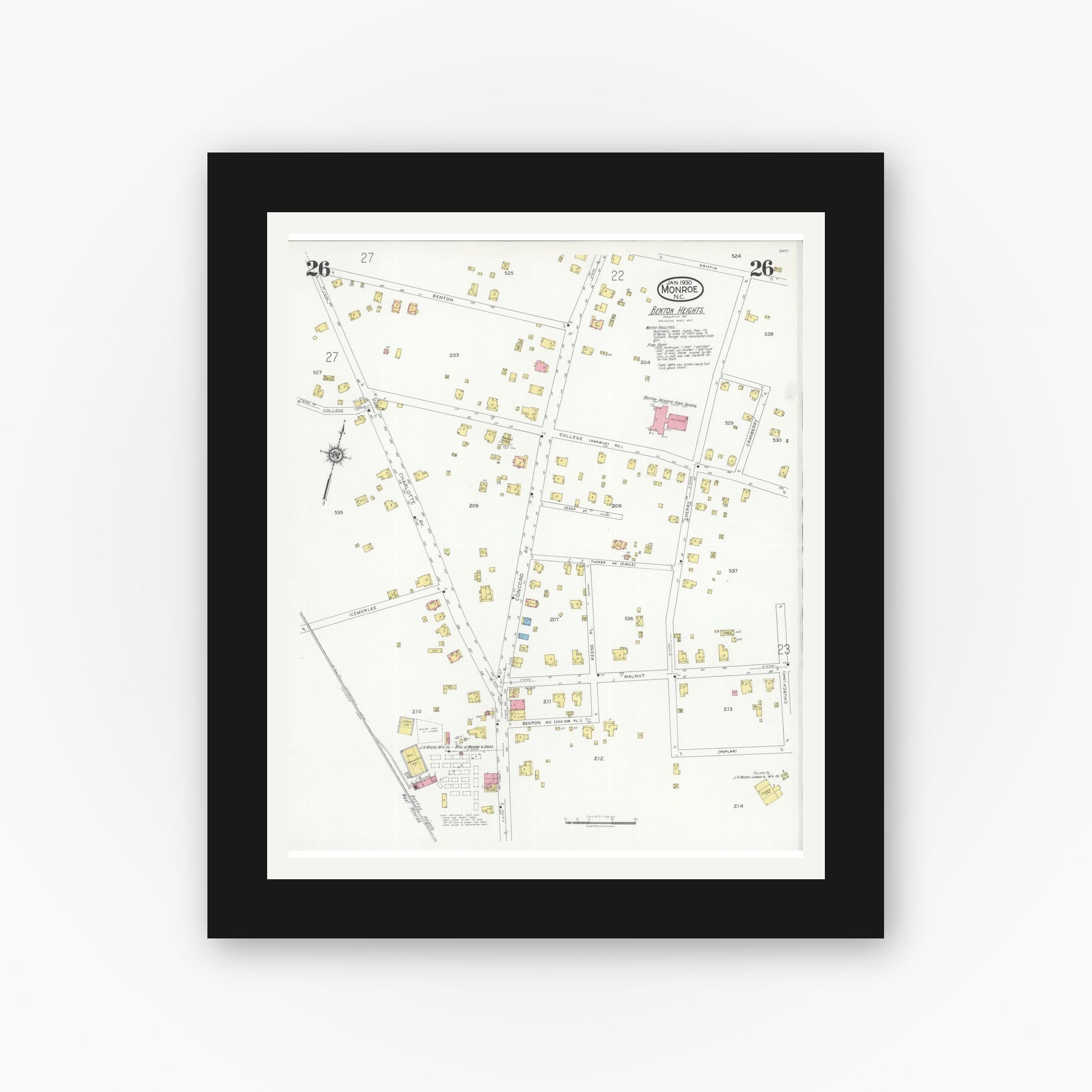 Old map wall art mockup — black gallery frame with white mat — Sanborn Fire Insurance Map from Monroe, Union County, North Carolina (1930), Sheet #0026