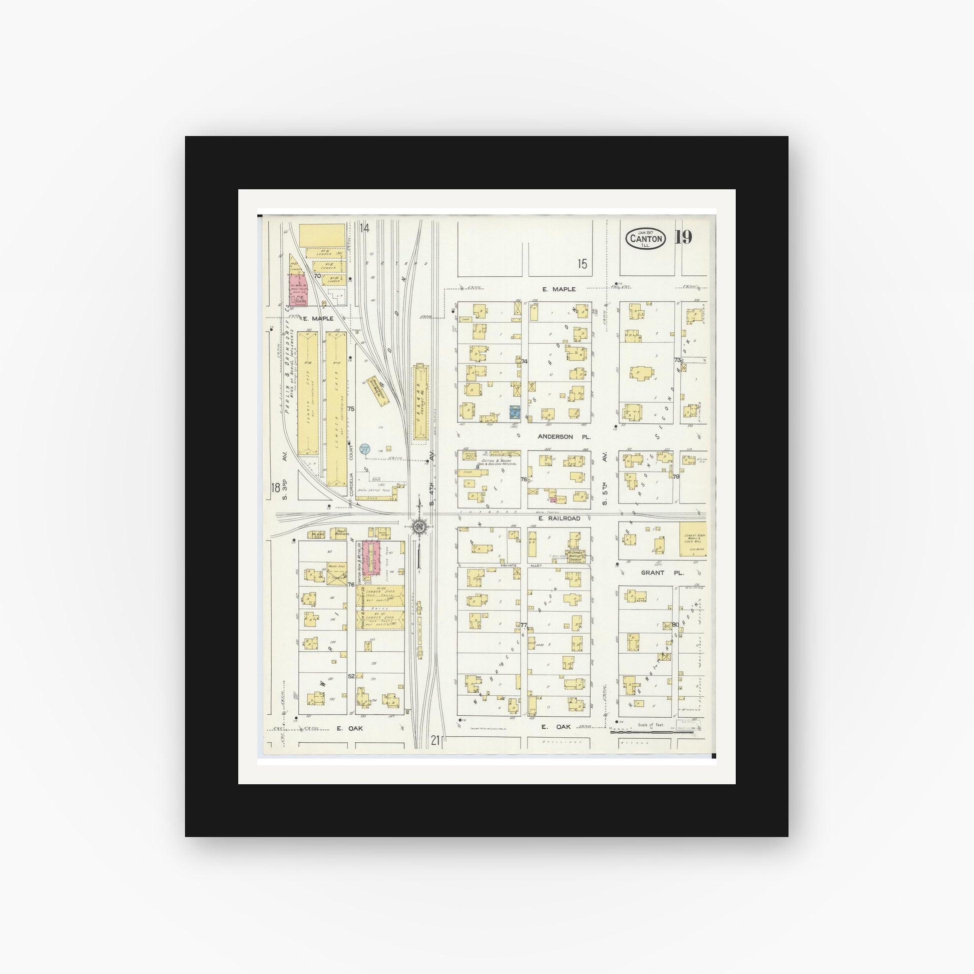 Old map wall art mockup — black gallery frame with white mat — Sanborn Fire Insurance Map from Canton, Fulton County, Illinois (1917), Sheet #0019
