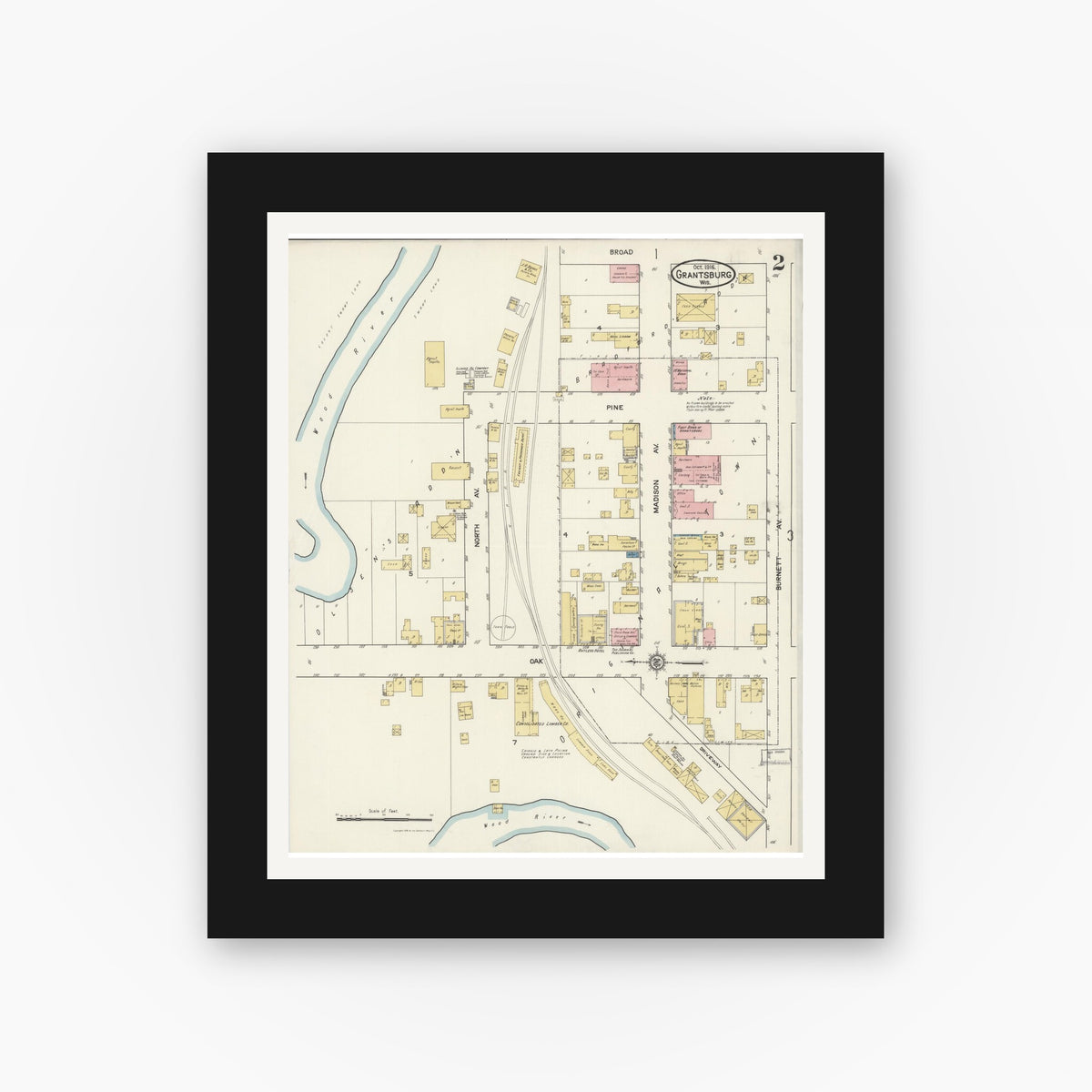 Old map wall art mockup — black gallery frame with white mat — Sanborn Fire Insurance Map from Grantsburg, Burnett County, Wisconsin (1916), Sheet #0002