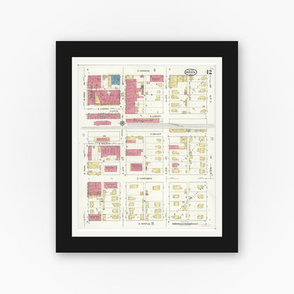 Old map wall art mockup — black gallery frame with white mat — Sanborn Fire Insurance Map from Herrin, Williamson County, Illinois (1922), Sheet #0012