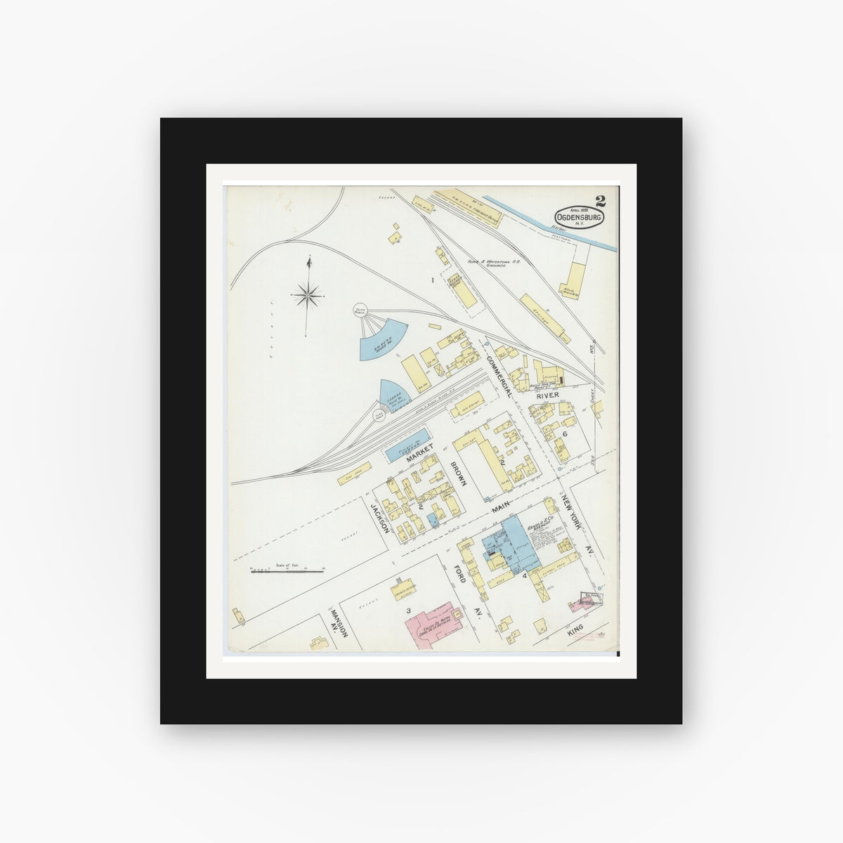 Old map wall art mockup — black gallery frame with white mat — Sanborn Fire Insurance Map from Ogdensburg, St. Lawrence County, New York (1892), Sheet #0001