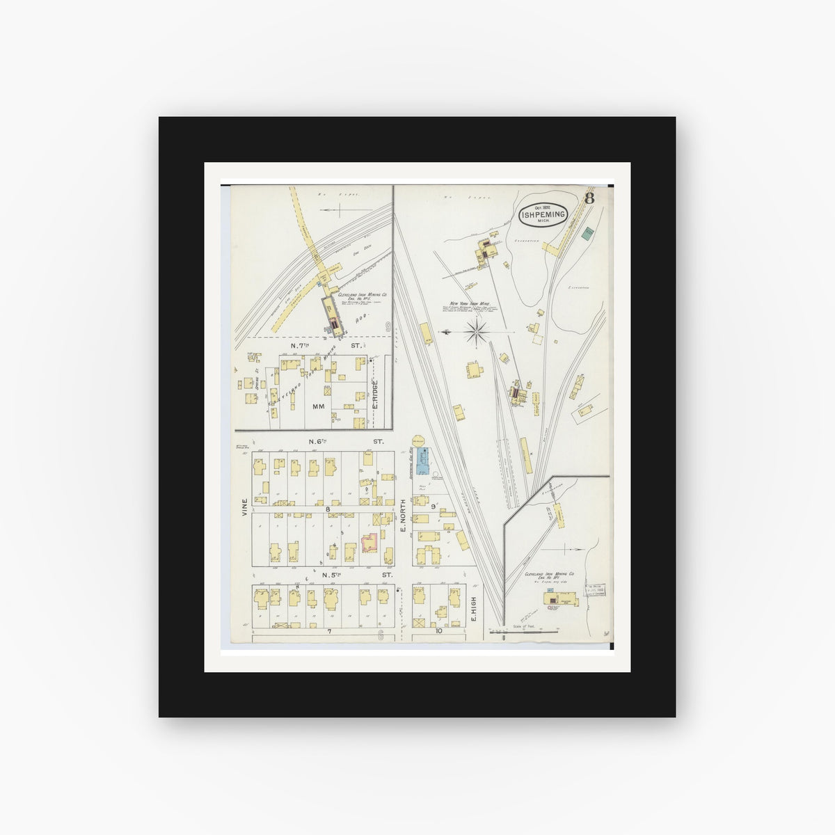 Old map wall art mockup — black gallery frame with white mat — Sanborn Fire Insurance Map from Ishpeming, Marquette County, Michigan (1892), Sheet #0008