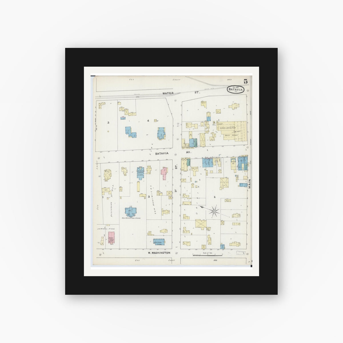 Old map wall art mockup — black gallery frame with white mat — Sanborn Fire Insurance Map from Batavia, Kane County, Illinois (1891), Sheet #0005
