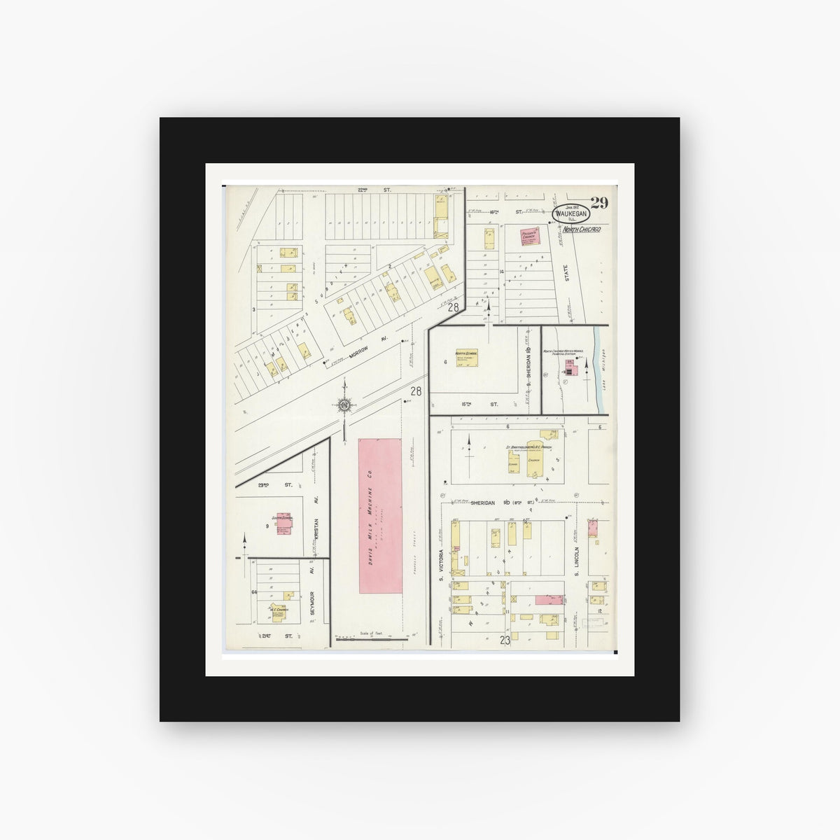 Old map wall art mockup — black gallery frame with white mat — Sanborn Fire Insurance Map from Waukegan, Lake County, Illinois (1912), Sheet #0029