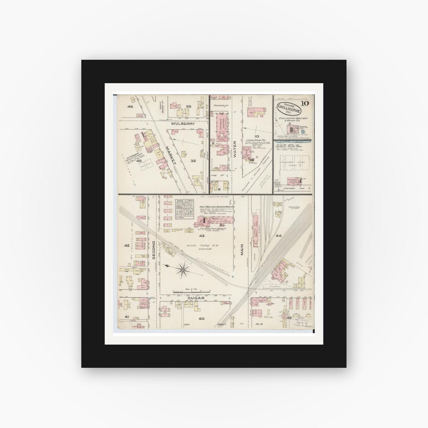 Old map wall art mockup — black gallery frame with white mat — Sanborn Fire Insurance Map from Chillicothe, Ross County, Ohio (1884), Sheet #0010