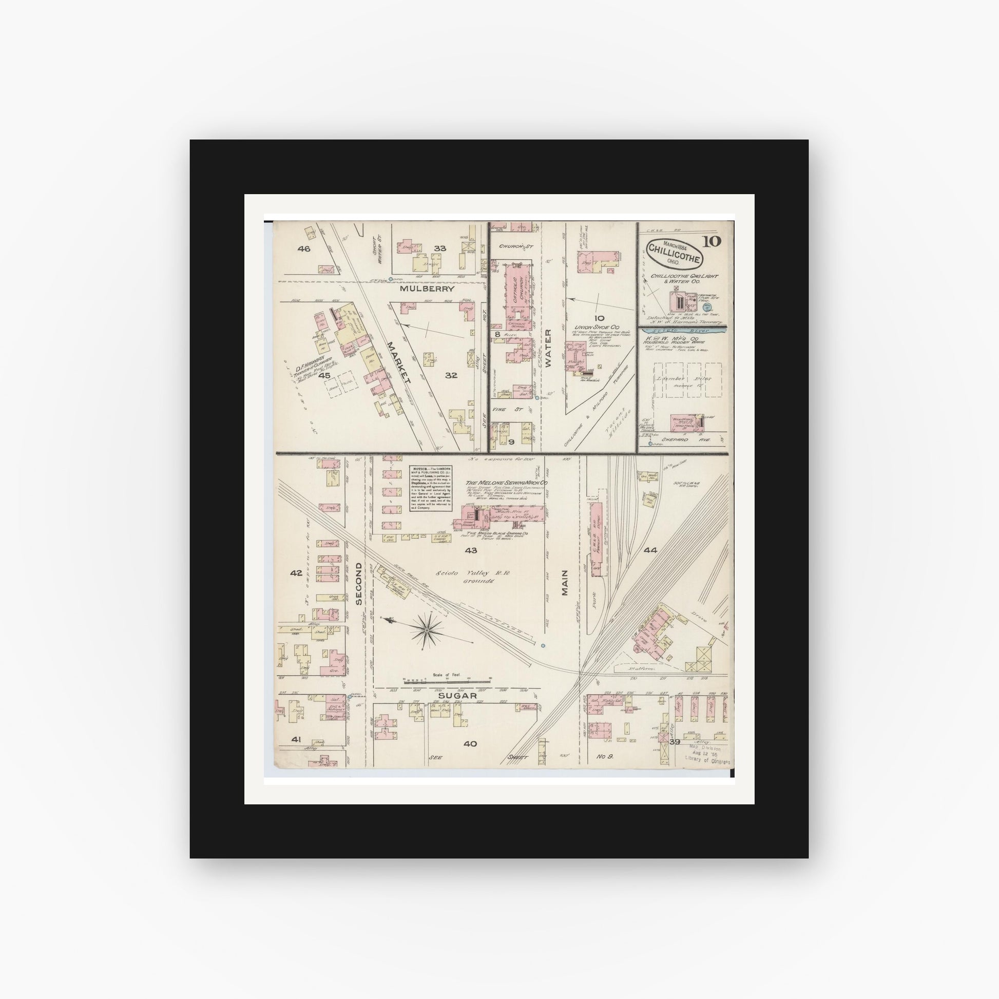 Old map wall art mockup — black gallery frame with white mat — Sanborn Fire Insurance Map from Chillicothe, Ross County, Ohio (1884), Sheet #0010