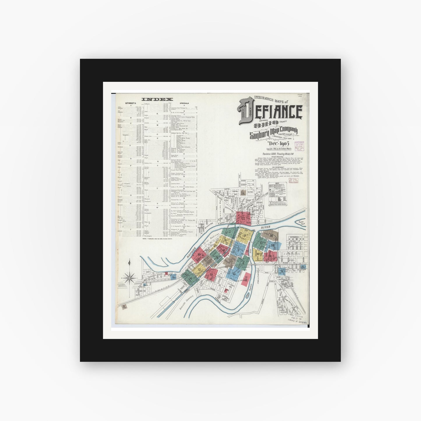 Old map wall art mockup — black gallery frame with white mat — Sanborn Fire Insurance Map from Defiance, Defiance County, Ohio (1905) - Complete Map Set