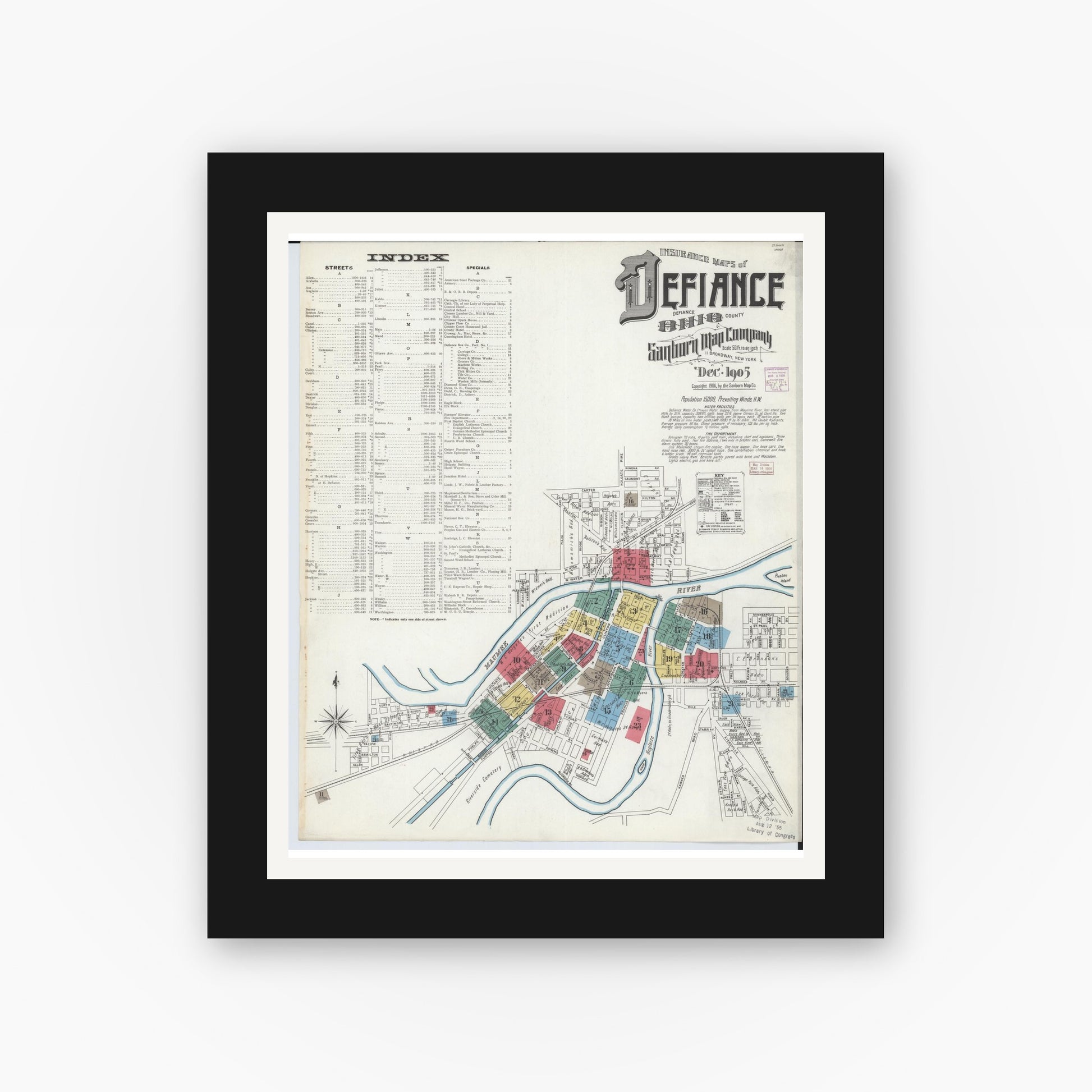 Old map wall art mockup — black gallery frame with white mat — Sanborn Fire Insurance Map from Defiance, Defiance County, Ohio (1905) - Complete Map Set