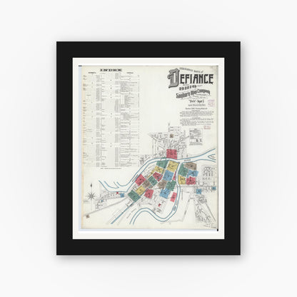 Old map wall art mockup — black gallery frame with white mat — Sanborn Fire Insurance Map from Defiance, Defiance County, Ohio (1905) - Complete Map Set