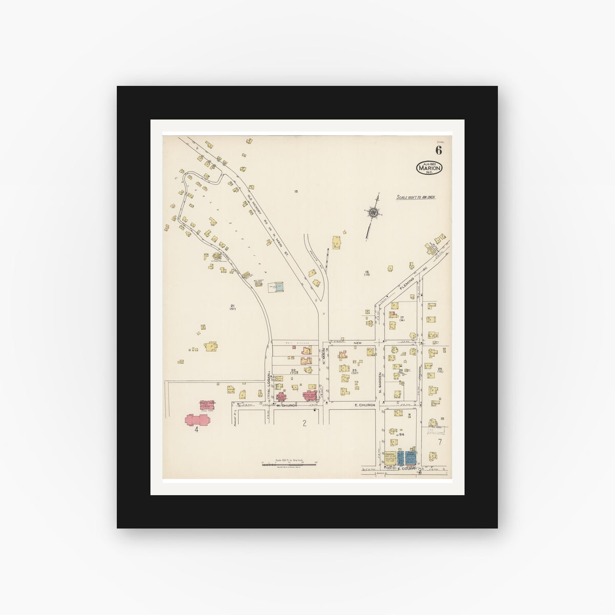 Old map wall art mockup — black gallery frame with white mat — Sanborn Fire Insurance Map from Marion, Mcdowell County, North Carolina (1922), Sheet #0006