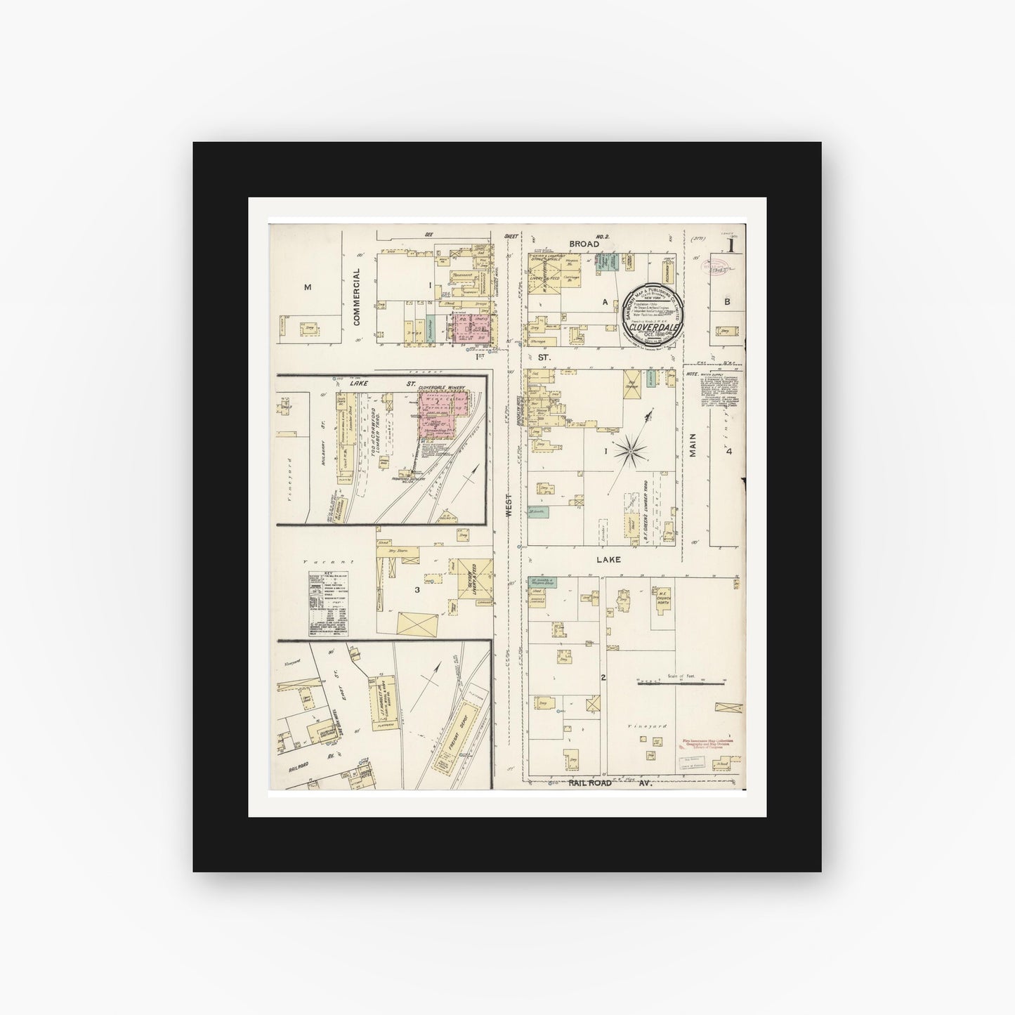 Old map wall art mockup — black gallery frame with white mat — Sanborn Fire Insurance Map from Cloverdale, Sonoma County, California (1888) - Complete Map Set