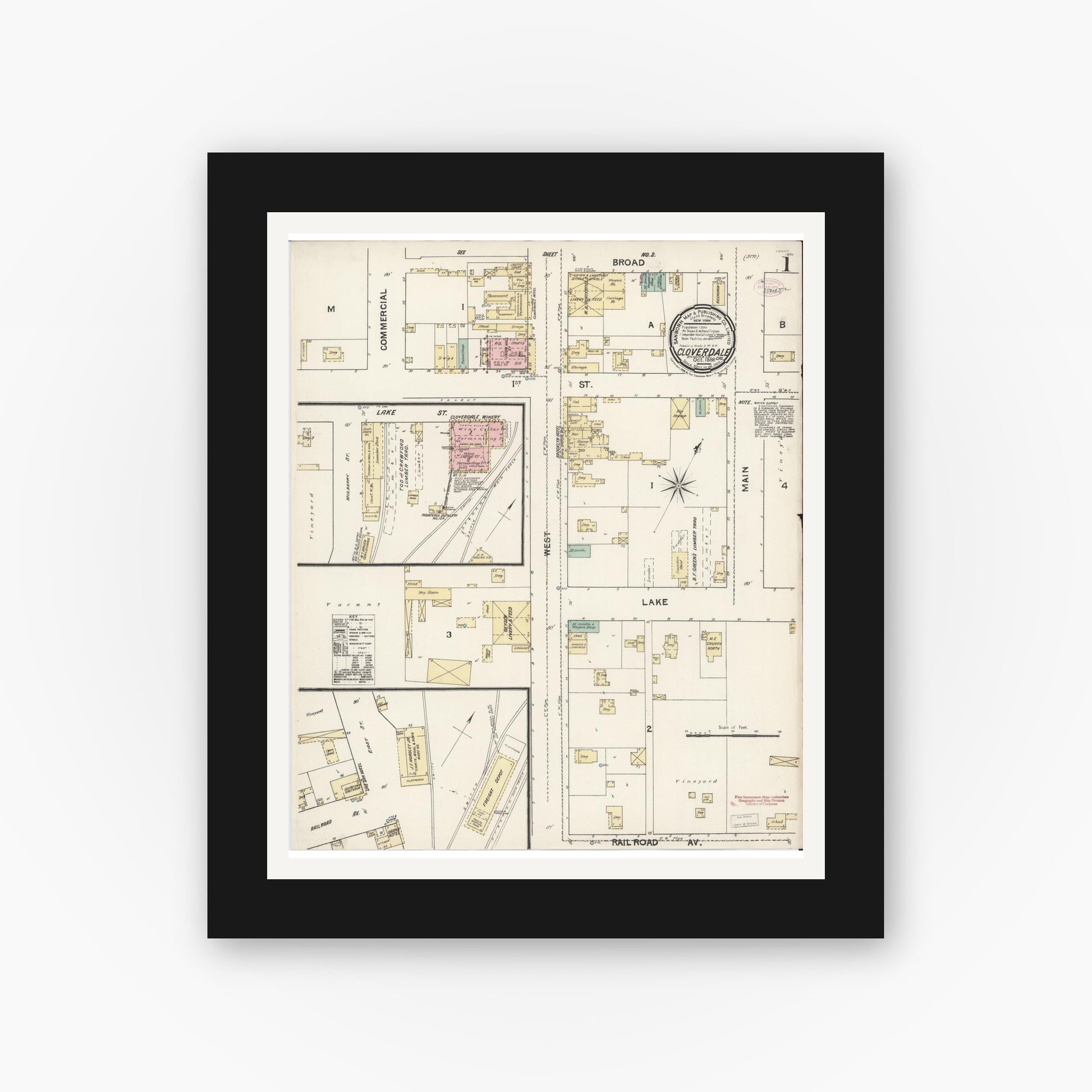 Old map wall art mockup — black gallery frame with white mat — Sanborn Fire Insurance Map from Cloverdale, Sonoma County, California (1888) - Complete Map Set