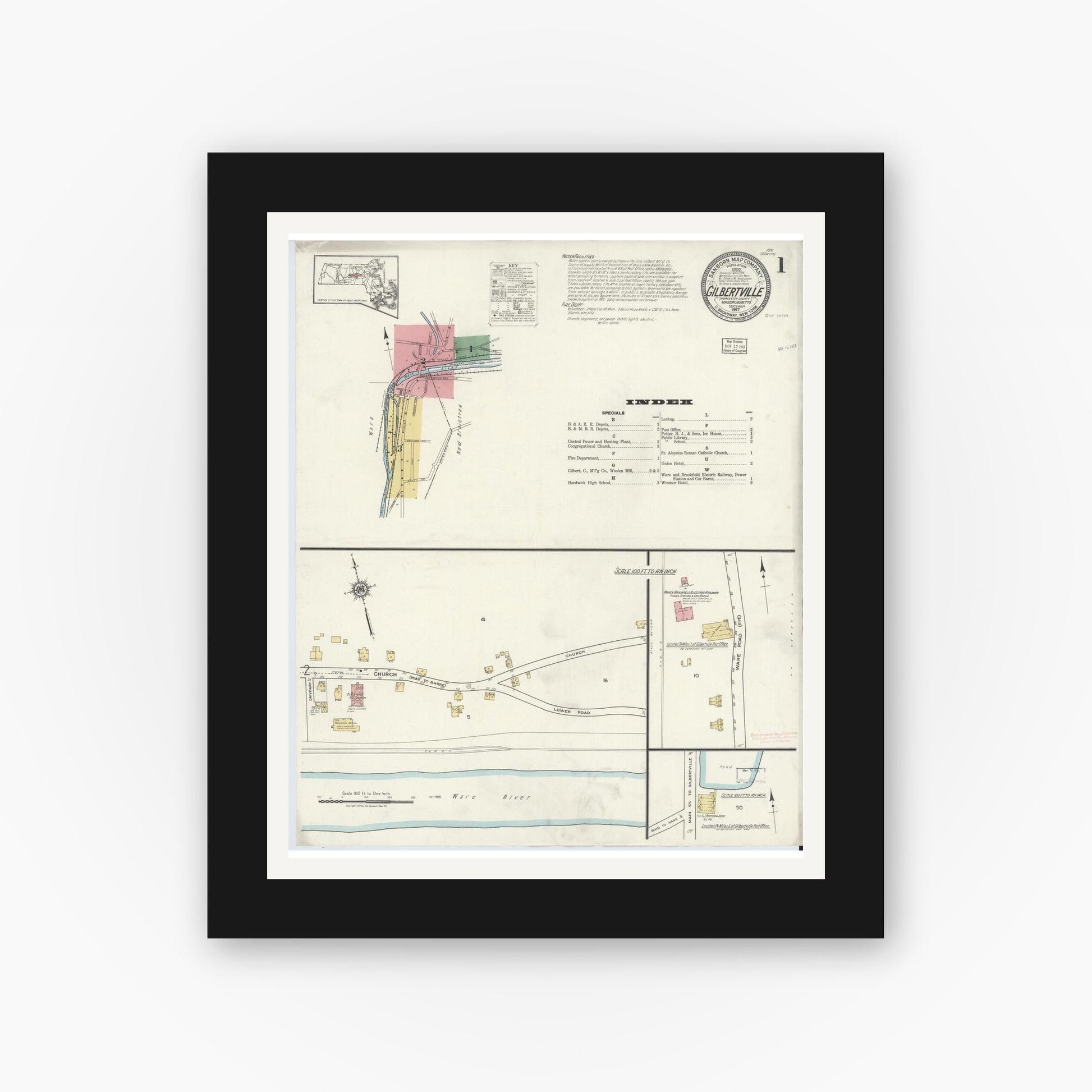 Old map wall art mockup — black gallery frame with white mat — Sanborn Fire Insurance Map from Gilbertville, Worcester County, Massachusetts (1917) - Complete Map Set
