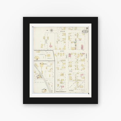 Old map wall art mockup — black gallery frame with white mat — Sanborn Fire Insurance Map from West Liberty, Logan County, Ohio (1896), Sheet #0002