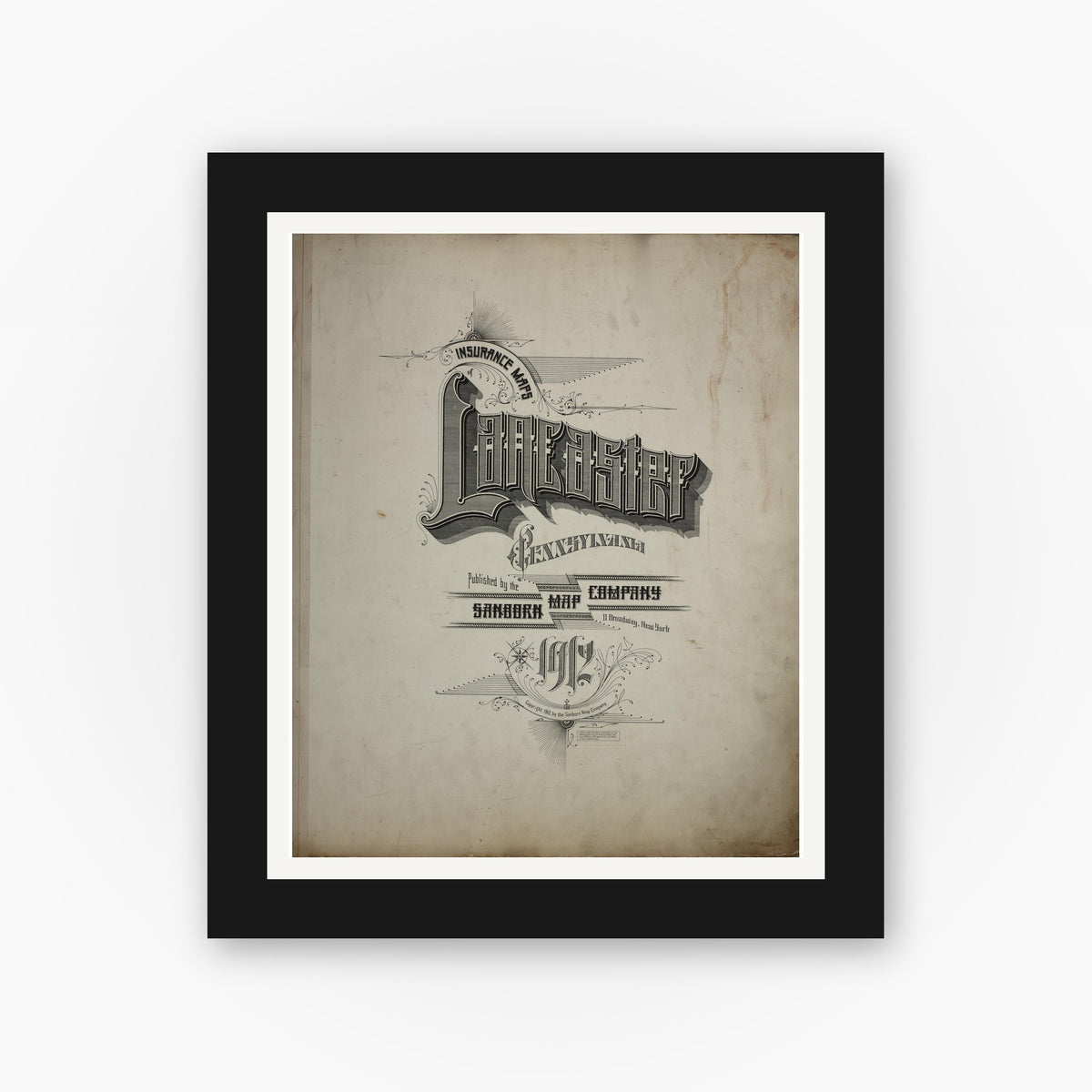 Old map wall art mockup — black gallery frame with white mat — Sanborn Fire Insurance Map from Lancaster, Lancaster County, Pennsylvania (1932), Sheet #0001
