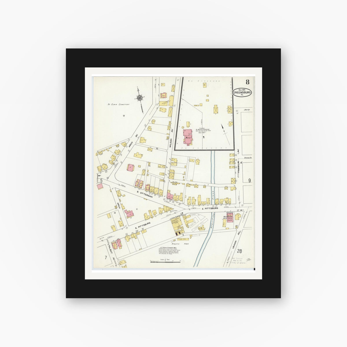 Old map wall art mockup — black gallery frame with white mat — Sanborn Fire Insurance Map from Greensburg, Westmoreland County, Pennsylvania (1909), Sheet #0008