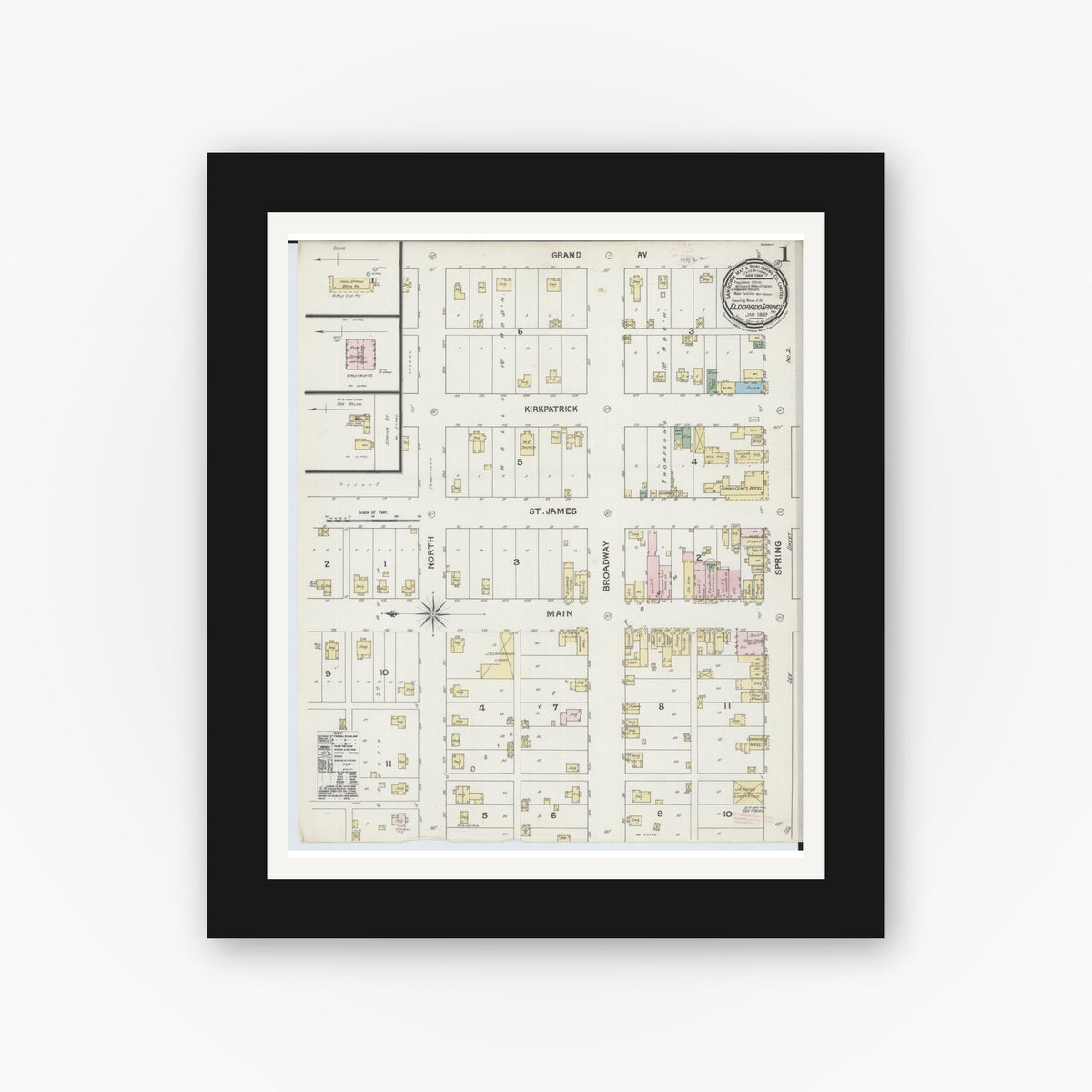 Old map wall art mockup — black gallery frame with white mat — Sanborn Fire Insurance Map from Eldorado Springs, Cedar County, Missouri (1889) - Complete Map Set