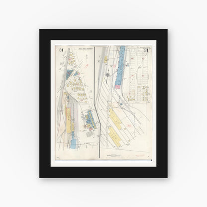 Old map wall art mockup — black gallery frame with white mat — Sanborn Fire Insurance Map from Michigan City, La Porte County, Indiana (1948), Sheet #0031