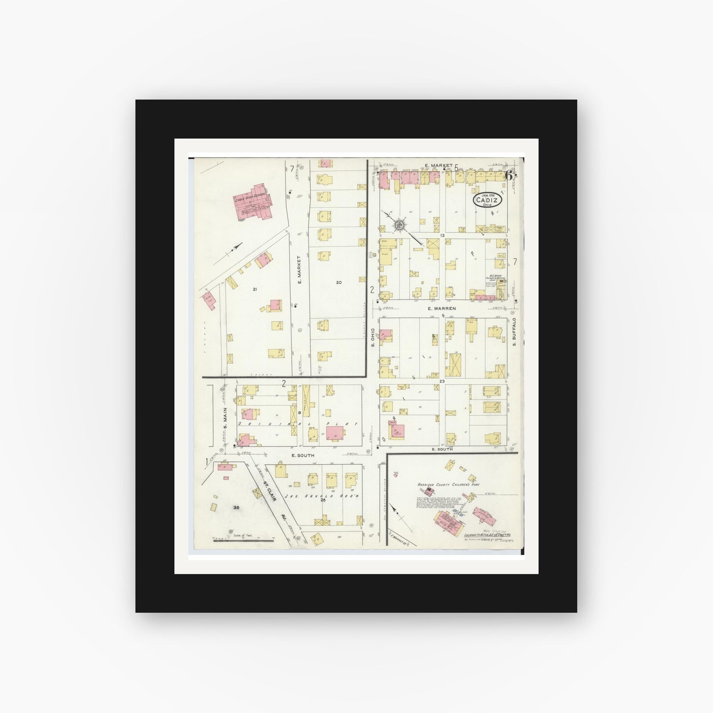 Old map wall art mockup — black gallery frame with white mat — Sanborn Fire Insurance Map from Cadiz, Harrison County, Ohio (1916), Sheet #0006