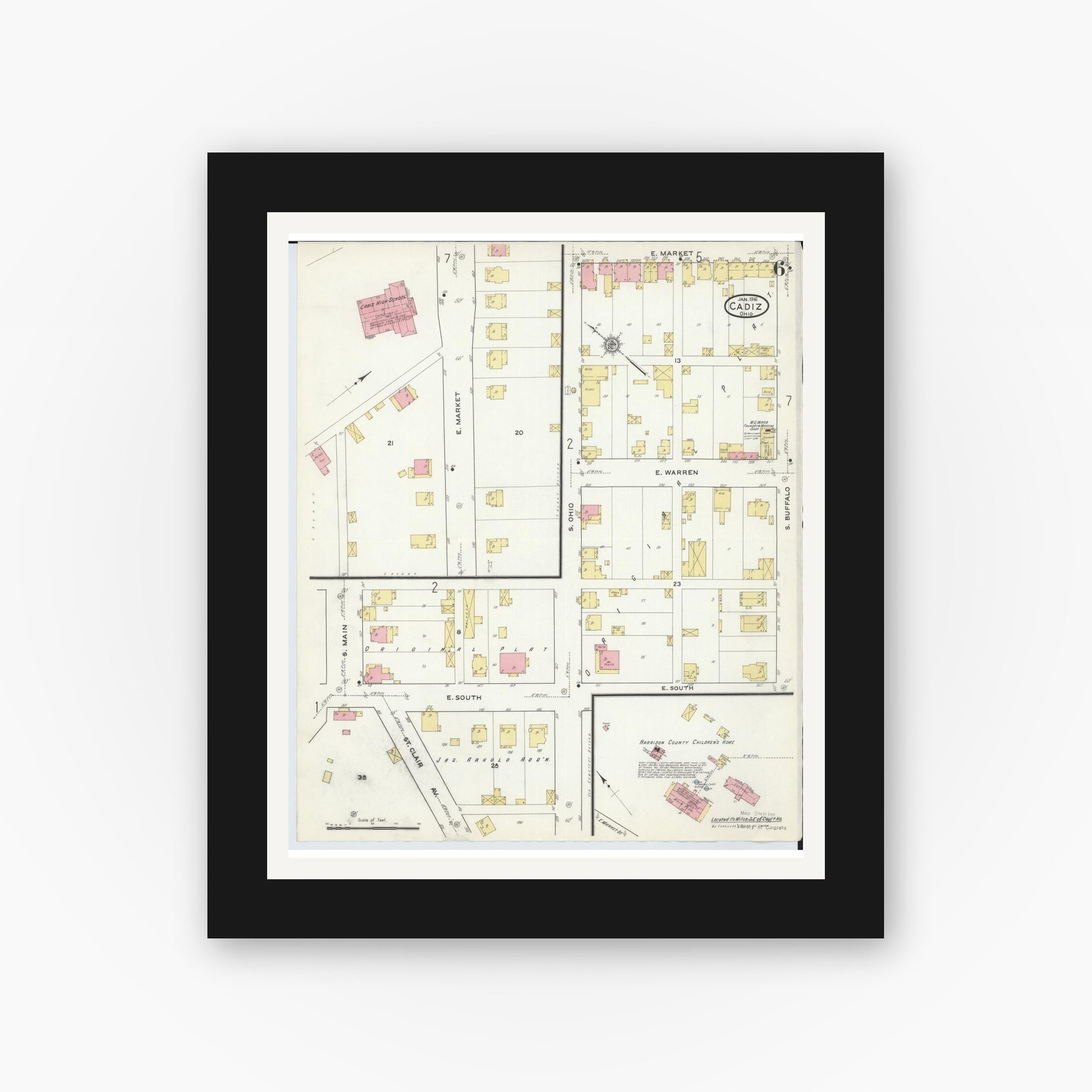 Old map wall art mockup — black gallery frame with white mat — Sanborn Fire Insurance Map from Cadiz, Harrison County, Ohio (1916), Sheet #0006