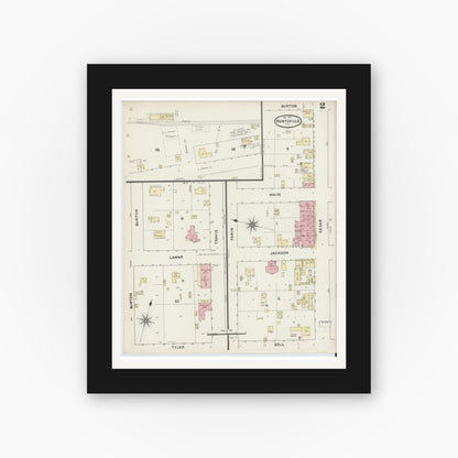 Old map wall art mockup — black gallery frame with white mat — Sanborn Fire Insurance Map from Huntsville, Walker County, Texas (1891), Sheet #0002