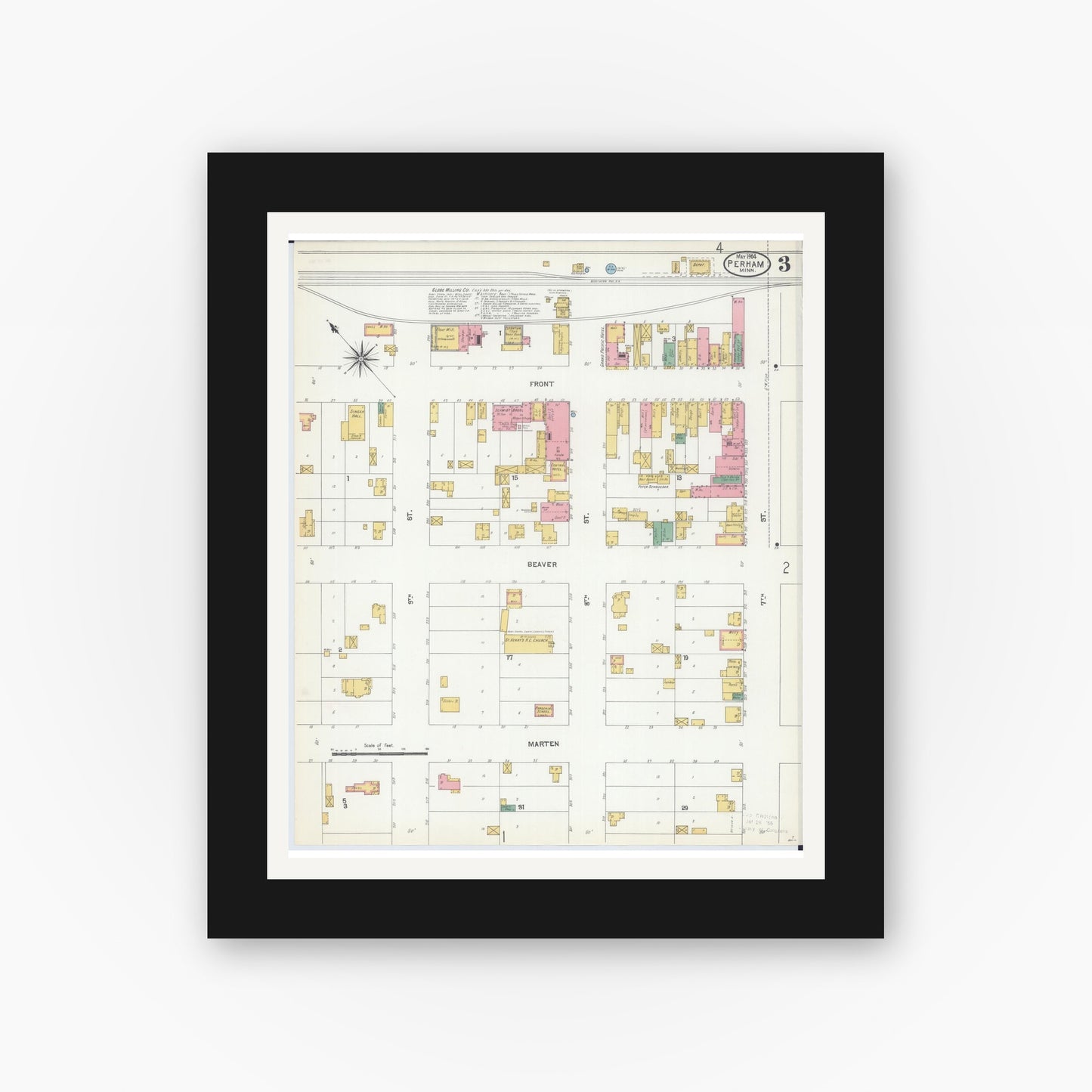 Old map wall art mockup — black gallery frame with white mat — Sanborn Fire Insurance Map from Perham, Otter Tail County, Minnesota (1904), Sheet #0003