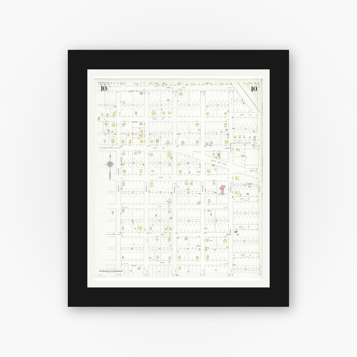 Old map wall art mockup — black gallery frame with white mat — Sanborn Fire Insurance Map from Snyder, Scurry County, Texas (1936), Sheet #0010