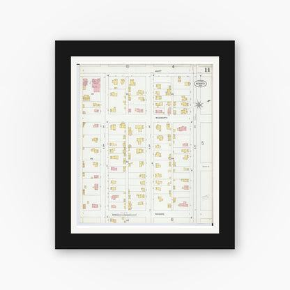 Old map wall art mockup — black gallery frame with white mat — Sanborn Fire Insurance Map from Monroe, Monroe County, Michigan (1899), Sheet #0011